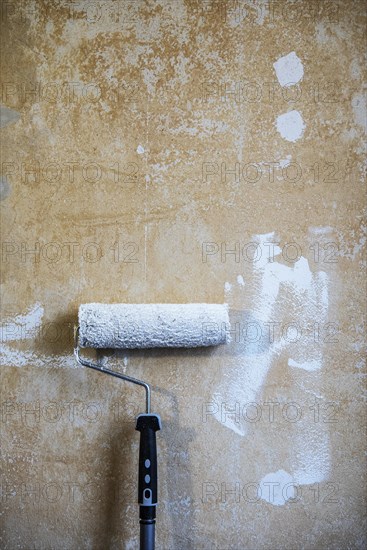 Painter's roller with white paint leaning against a plastered wall