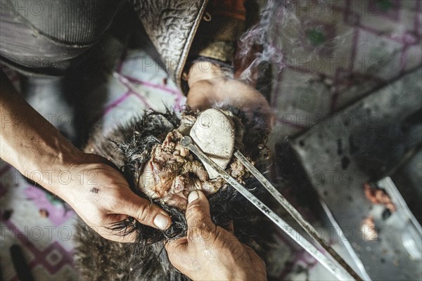 Hot stones are filled into the body with tongs