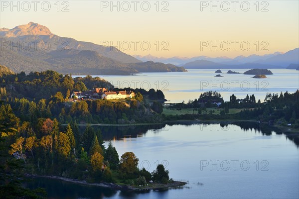 Llao Llao Hotel between Lago Perito Moreno and Lago Nahuel Huapi with morning sun