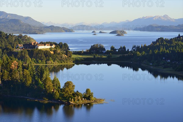 Llao Llao Hotel between Lago Perito Moreno and Lago Nahuel Huapi with morning sun