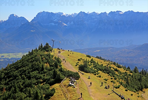 Hiking trail at the summit of Wank 1780m against the Karwendel Mountains