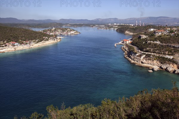 View from the El Morro fort of the harbor entrance Bahia de Santigo de Cuba and the island of Cayo Granma