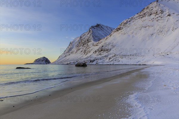 Haukland beach with snow