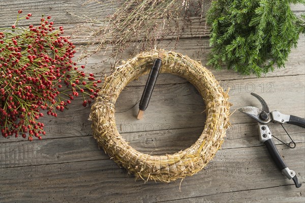 Autumn Wreath items on wooden plate