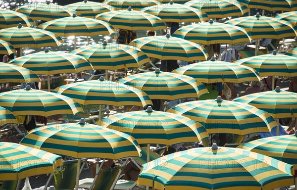 Strung colorful striped umbrellas on the beach