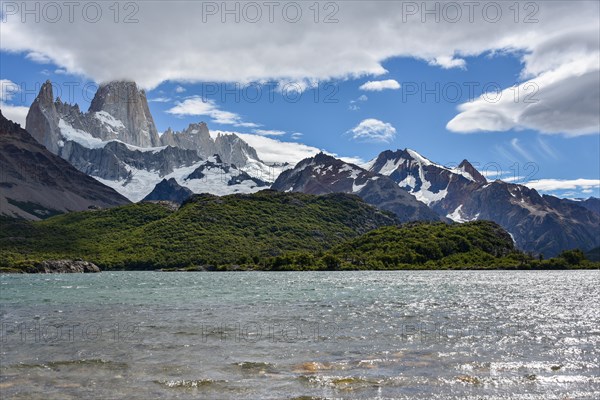 Summit massif of Fitz Roy with Lake Laguna Azul