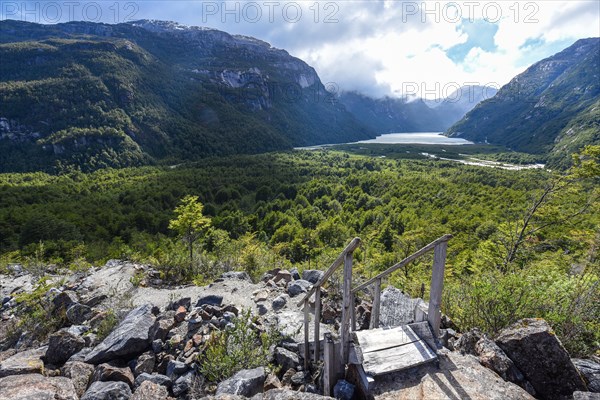 View from Mirador Glaciar Exploradores into the river valley of Rio Exploradores near Puerto Rio Tranquilo