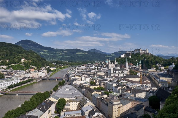 View from the Monchsberg to the old town with the river Salzach and Hohensalzburg Castle