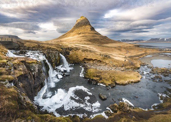 Mount Kirkjufell with Kirkjufellsfoss Waterfall