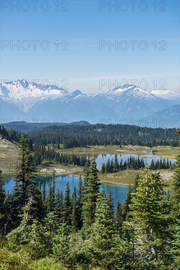 Small lakes in front of snow-capped mountains