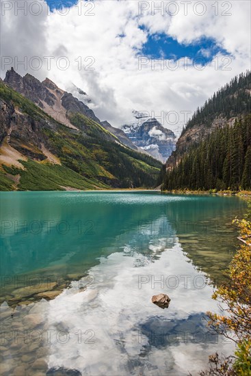 View of Mount Victoria and turquoise mountain lake