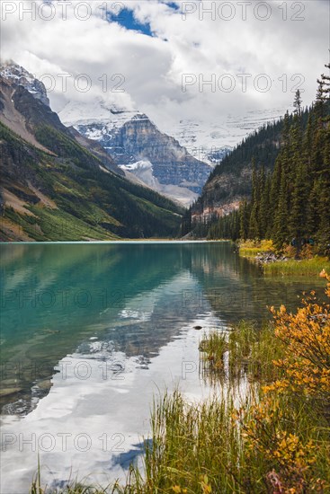 View of Mount Victoria and turquoise mountain lake