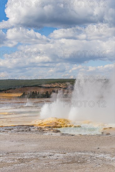 Steaming geyser with water fountain