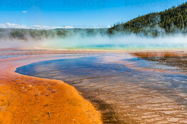 Colored mineral deposits at the edge of the steaming hot spring