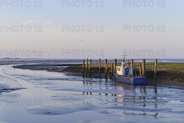 Fishing boat in a small harbor at low tide
