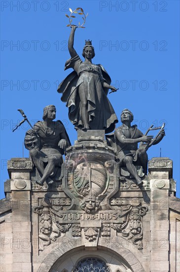 Ornametal gable from the Opera House with coat of arms of Nuremberg and sculptures