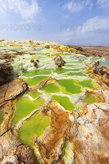 Geothermal area with sulphur deposits and acidic salt lakes