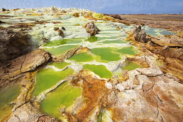 Geothermal area with sulphur deposits and acidic salt lakes