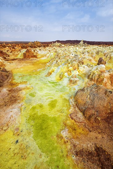 Geothermal area with sulphur deposits and acidic salt lakes