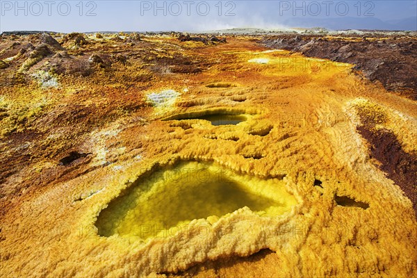 Geothermal area with sulphur deposits and acidic salt lakes