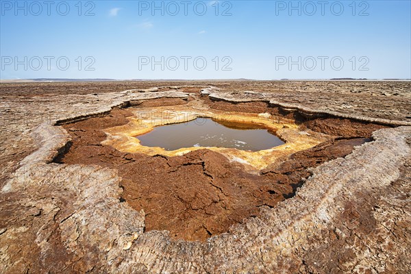 Salt lake with geothermal spring and petrified salt crystals