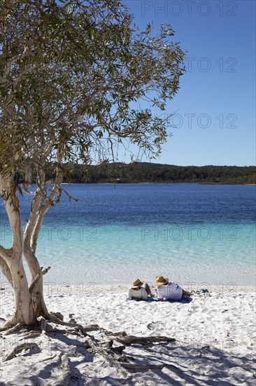 Couple lying on the sandy beach next to niaouli
