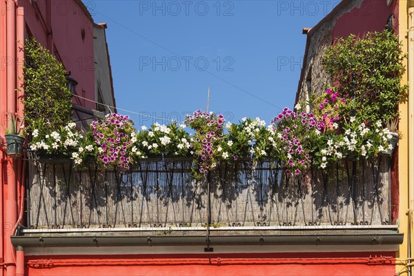 Red house balcony decorated with flowers