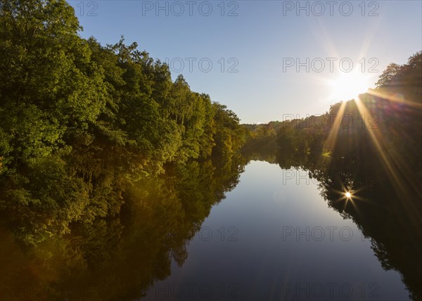 Evening sun with reflection of the trees in the water of the Zschopau near Mittweida