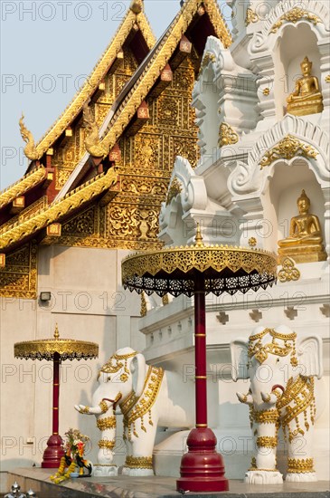 Elephants and Buddha statues at the Chedi or Stupa