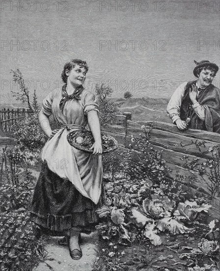 Young woman standing in her herb garden and the neighbour wants to flirt with her