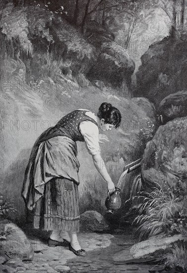 Young woman scooping Easter water at the fountain
