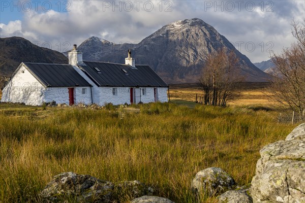 Black Rock Cottage with summit of Stob Dearg in the background