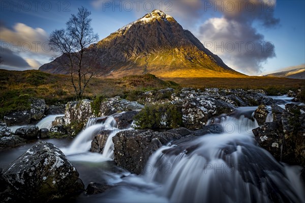 Small waterfall with Birch (Betula) and summit of Stob Dearg in the background