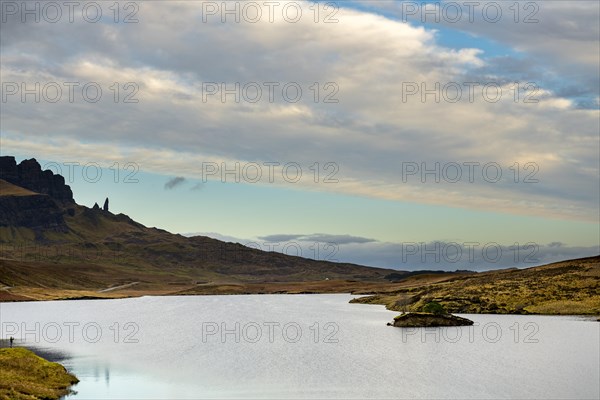 Rock Old Man of Storr with Loch Leathan in the foreground