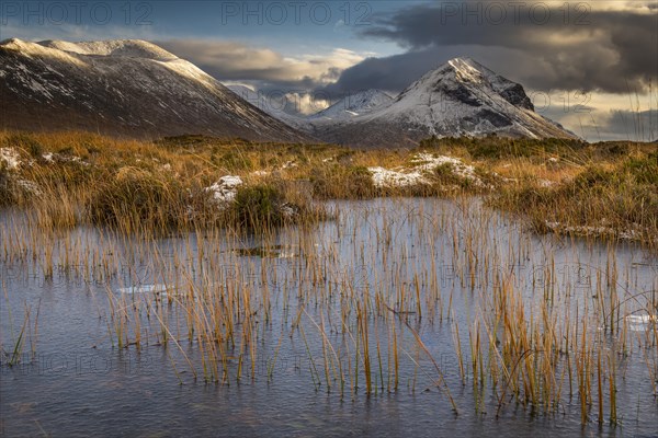 Moor landscape with snow-covered peaks of the Cullins Mountains in Highland Landscape