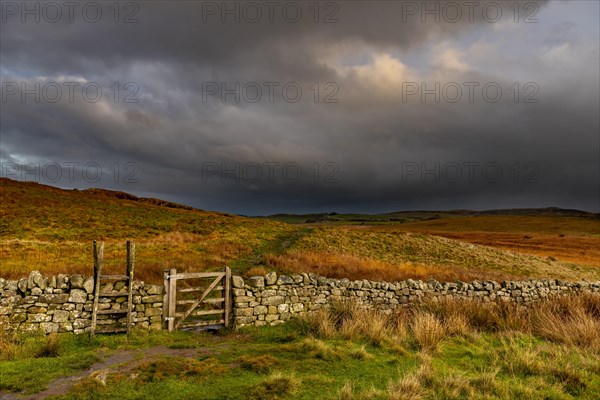 Stone wall in autumn landscape with dark sky