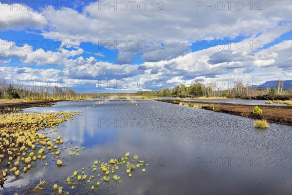 Moorland in cloudy skies with flooded peat extraction areas