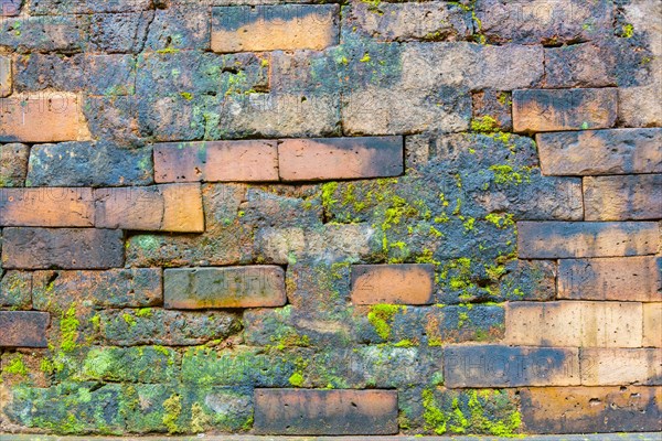 Old weathered brick wall with moss
