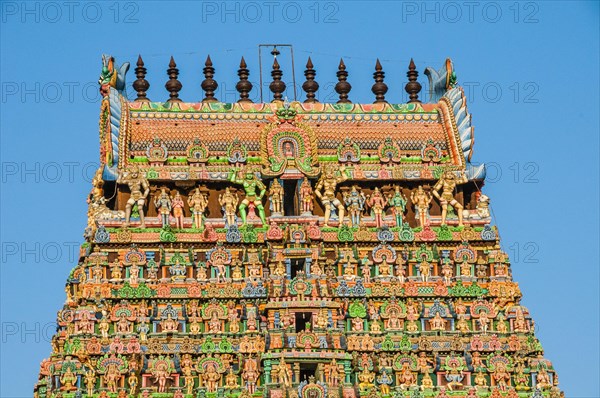 Colourfully decorated Gopuram gate tower of Minakshi or Sri Meenakshi Sundareshwara Temple