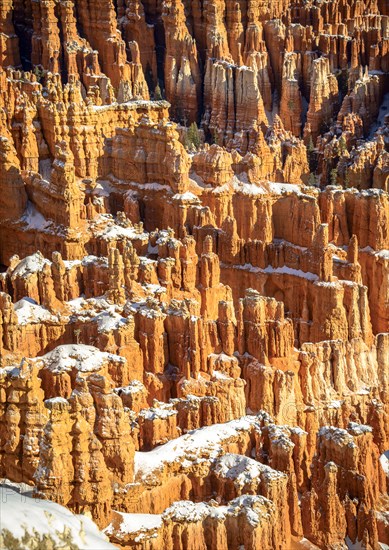 Snow-covered bizarre rocky landscape with Hoodoos in winter