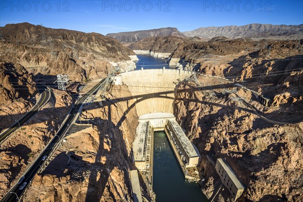 View from the Hoover Dam Bypass Bridge to the dam wall of the Hoover Dam