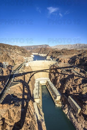 View from the Hoover Dam Bypass Bridge to the dam wall of the Hoover Dam