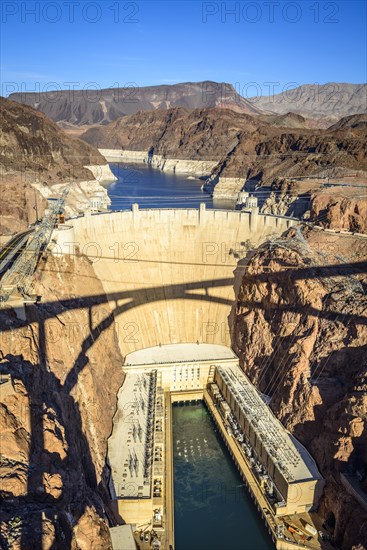 View from the Hoover Dam Bypass Bridge to the dam wall of the Hoover Dam