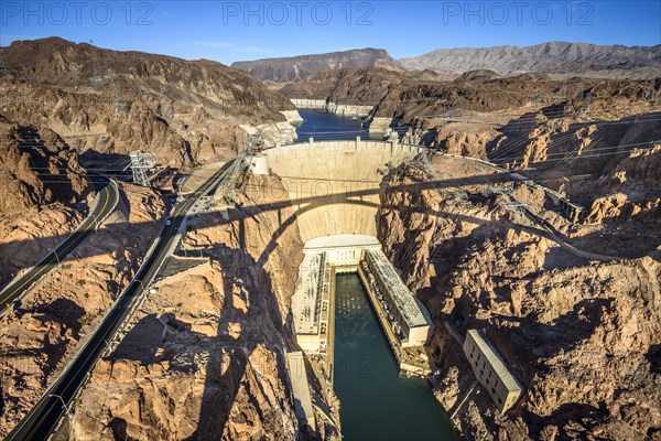 View from the Hoover Dam Bypass Bridge to the dam wall of the Hoover Dam