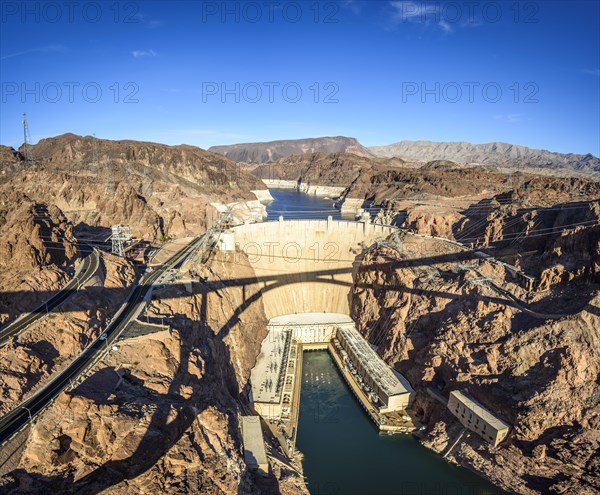 View from the Hoover Dam Bypass Bridge to the dam wall of the Hoover Dam