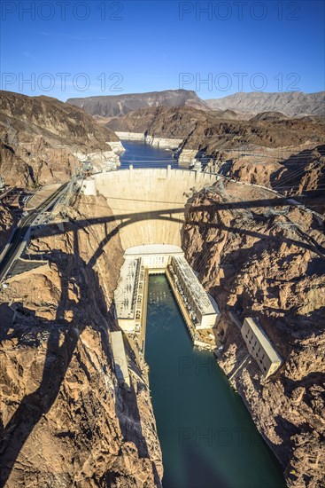 View from the Hoover Dam Bypass Bridge to the dam wall of the Hoover Dam