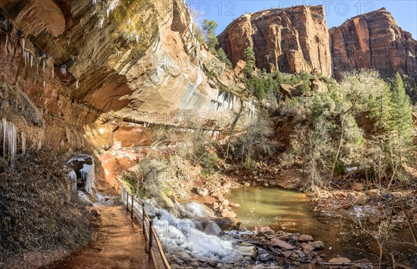 Iced Hiking Emerald Pools Trail in Winter