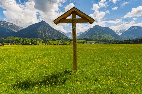 Field cross with Christ figure in front of mountain landscape