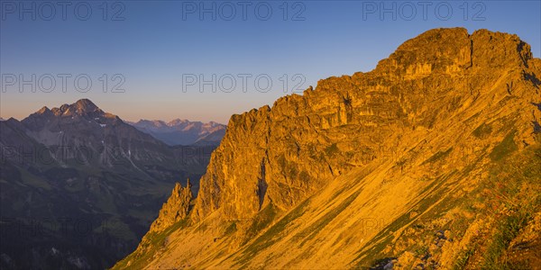 View from Krumbach highroute under morning sun to Biberkopf