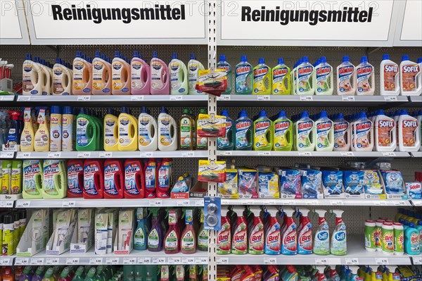 Shelves with cleaning agents in hardware store